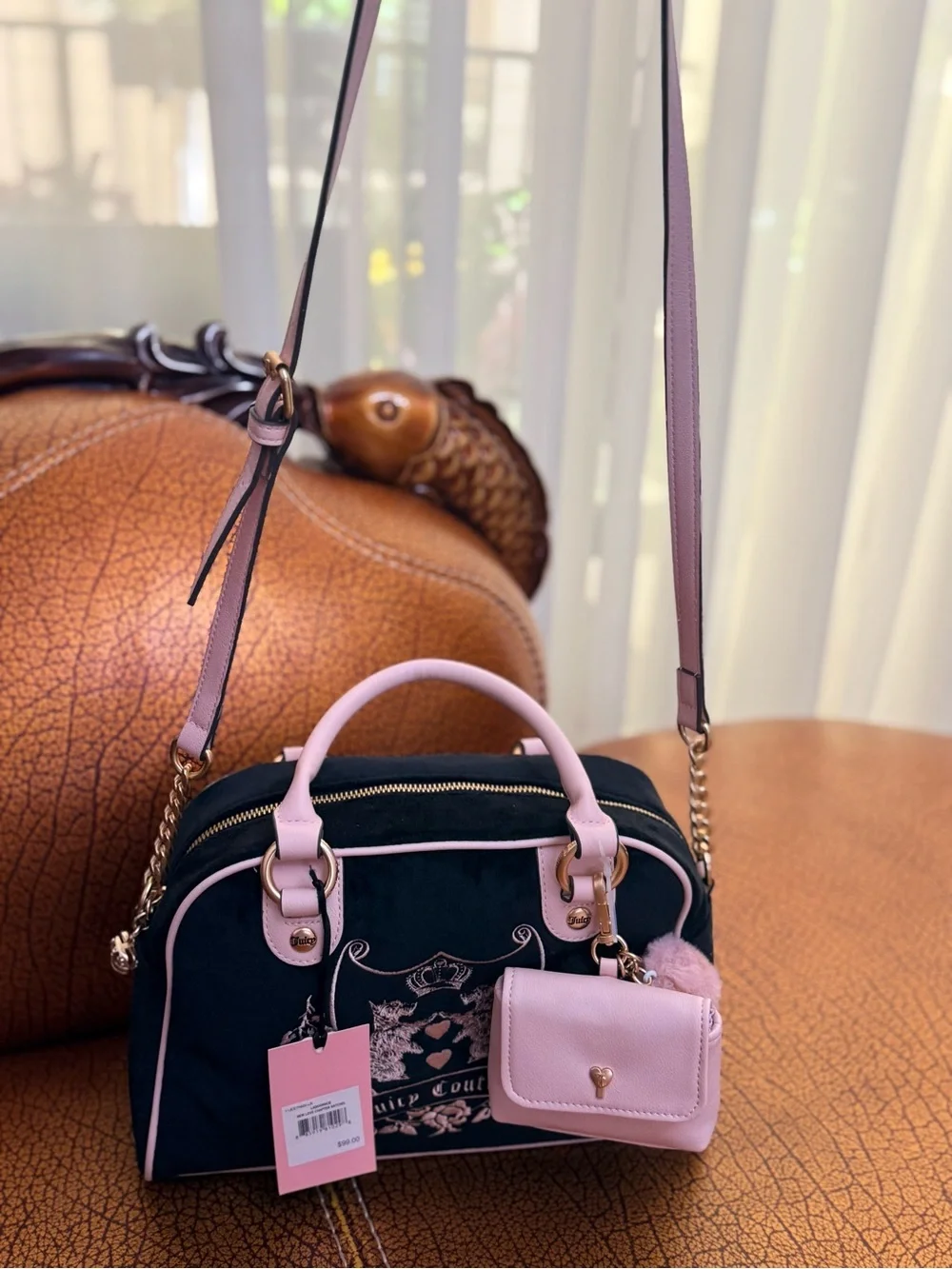 Juicy Couture New Love Chapter Satchel Black Liquorice Velour Gold Handbag